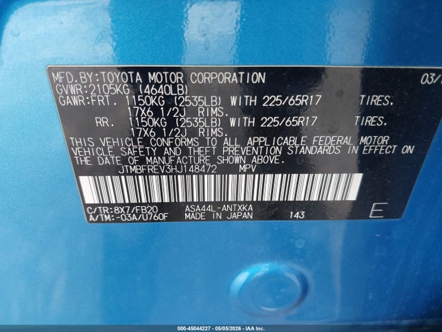 Aukcja sprzedaży 2017 Toyota Rav4 Le, vin: JTMBFREV3HJ148472, numer aukcji: 45044227