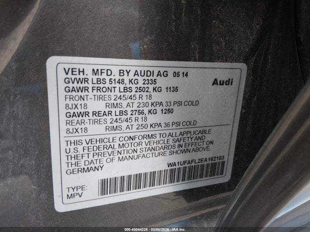 45044228 :رقم المزاد ، WA1UFAFL2EA162103 vin ، 2014 Audi Allroad 2.0t Premium مزاد بيع