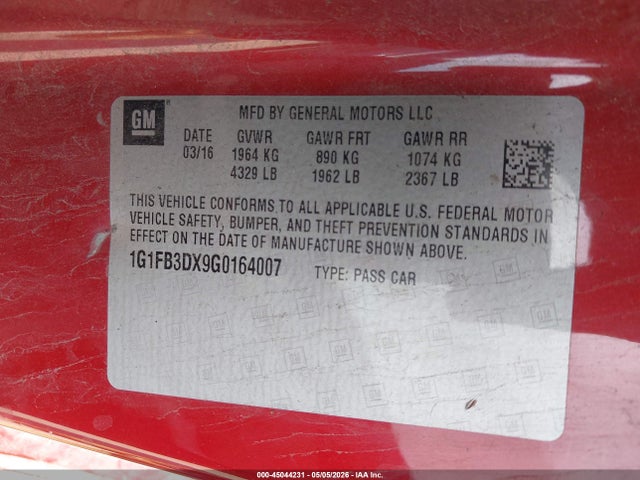 Aukcja sprzedaży 2016 Chevrolet Camaro 1lt, vin: 1G1FB3DX9G0164007, numer aukcji: 45044231