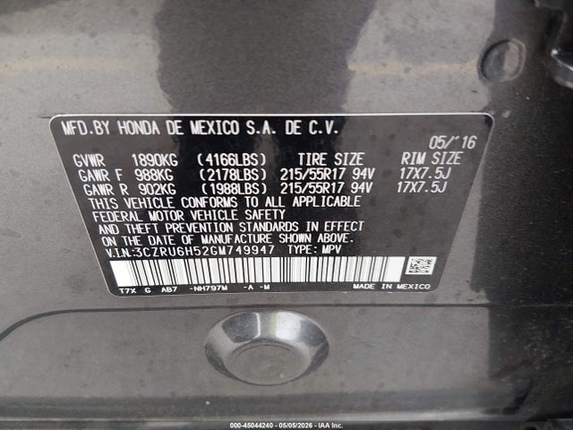 Продажа на аукционе авто 2016 Honda Hr-v Ex, vin: 3CZRU6H52GM749947, номер лота: 45044240