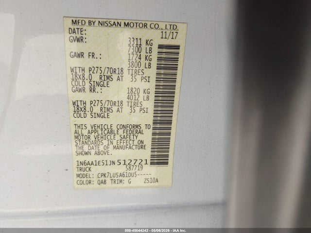 Aukcja sprzedaży 2018 Nissan Titan Pro-4x, vin: 1N6AA1E51JN512721, numer aukcji: 45044242