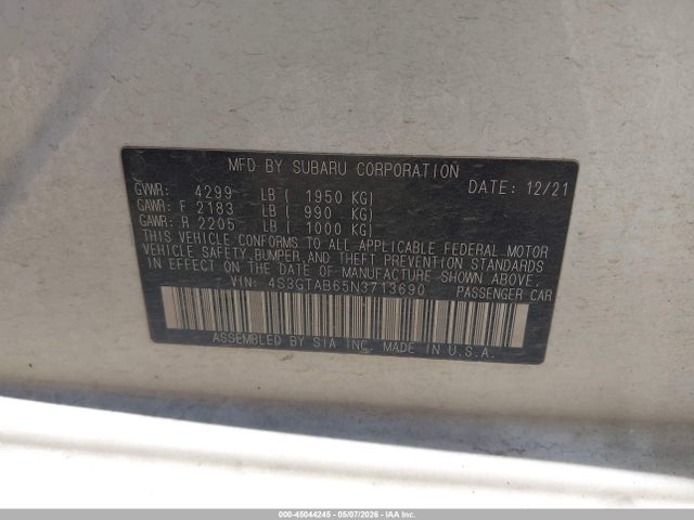 2022 Subaru Impreza Base 5-door მანქანა იყიდება აუქციონზე, vin: 4S3GTAB65N3713690, აუქციონის ნომერი: 45044245