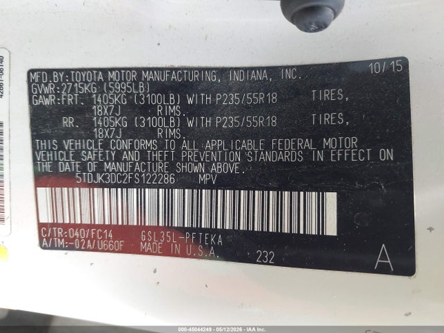 Toyota Sienna Le 7 Passenger 2015 5TDJK3DC2FS122286 Image 9