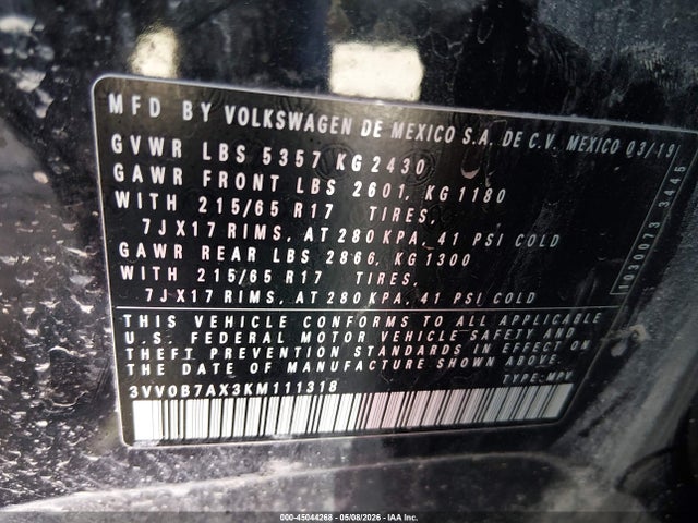 Aukcja sprzedaży 2019 Volkswagen Tiguan 2.0t S, vin: 3VV0B7AX3KM111318, numer aukcji: 45044268