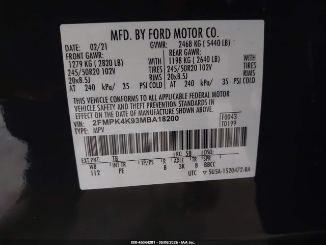 Продаж на аукціоні авто 2021 Ford Edge Titanium, vin: 2FMPK4K93MBA18200, номер лоту: 45044281
