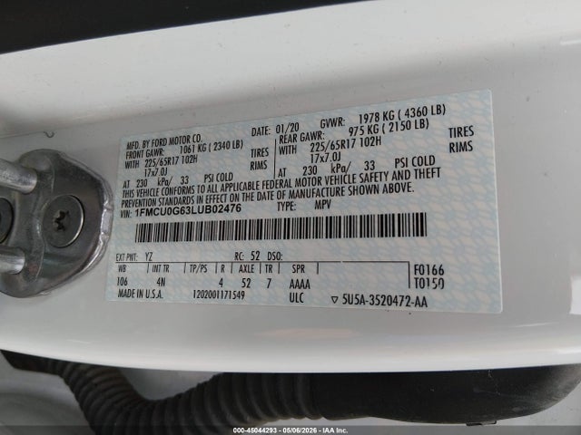 Aukcja sprzedaży 2020 Ford Escape Se, vin: 1FMCU0G63LUB02476, numer aukcji: 45044293