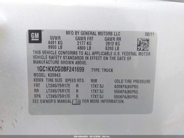 2011 Chevrolet Silverado 2500hd Lt მანქანა იყიდება აუქციონზე, vin: 1GC1KXCG0BF241699, აუქციონის ნომერი: 45044295