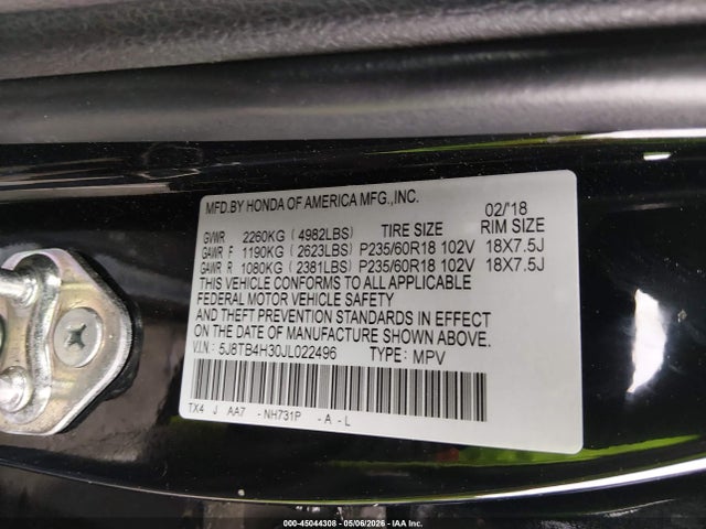 2018 Acura Rdx Acurawatch Plus Package მანქანა იყიდება აუქციონზე, vin: 5J8TB4H30JL022496, აუქციონის ნომერი: 45044308