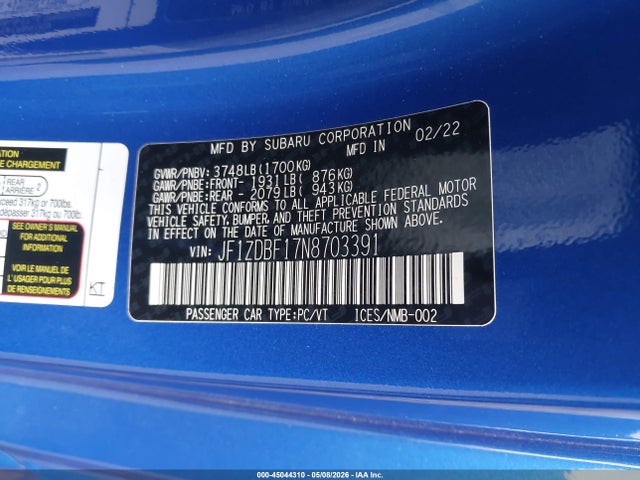 Продажа на аукционе авто 2022 Subaru Brz Limited, vin: JF1ZDBF17N8703391, номер лота: 45044310