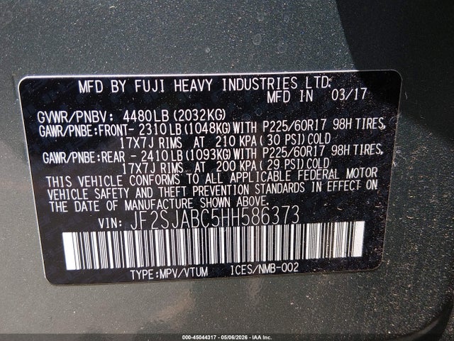 Продажа на аукционе авто 2017 Subaru Forester 2.5i, vin: JF2SJABC5HH586373, номер лота: 45044317