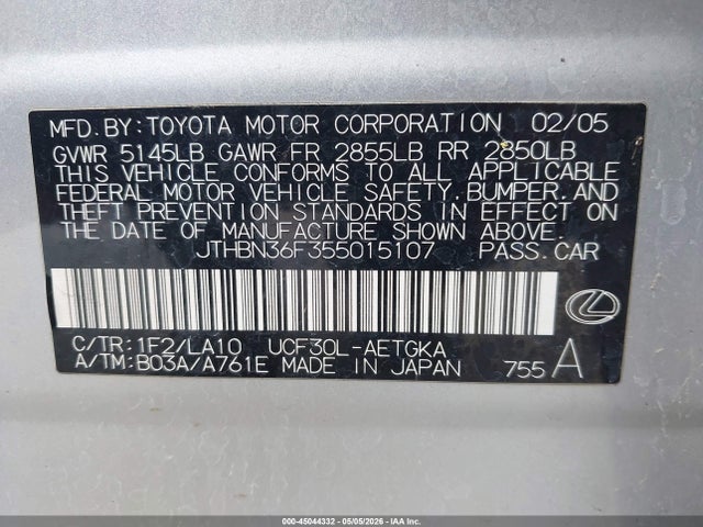 45044332 :رقم المزاد ، JTHBN36F355015107 vin ، 2005 Lexus Ls 430 مزاد بيع