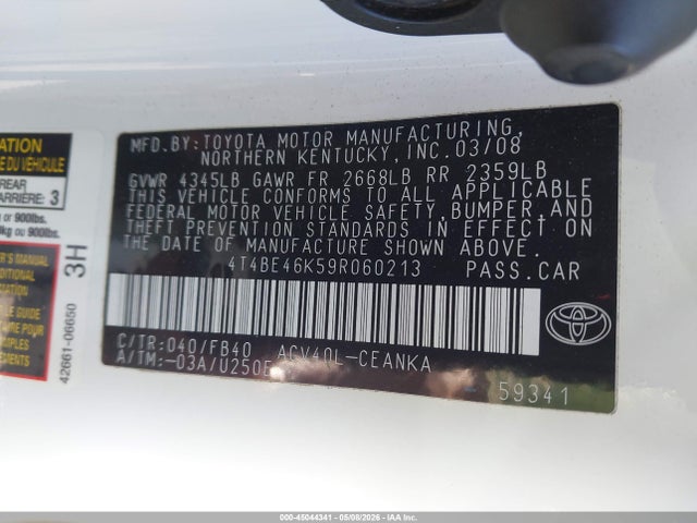 Продажа на аукционе авто 2009 Toyota Camry Le, vin: 4T4BE46K59R060213, номер лота: 45044341
