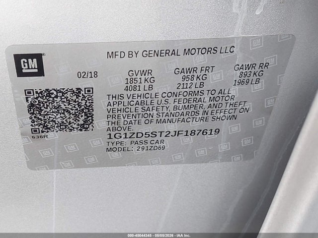 2018 Chevrolet Malibu Lt მანქანა იყიდება აუქციონზე, vin: 1G1ZD5ST2JF187619, აუქციონის ნომერი: 45044345