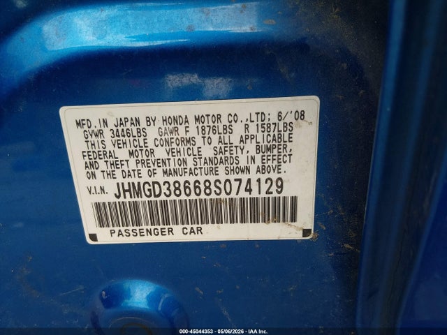 Продажа на аукционе авто 2008 Honda Fit Sport, vin: JHMGD38668S074129, номер лота: 45044353
