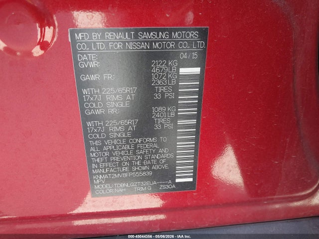 Nissan ROGUE SV 2015 KNMAT2MV8FP555839 Image 9