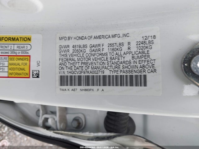 Aukcja sprzedaży 2019 Honda Accord Hybrid Touring, vin: 1HGCV3F97KA002719, numer aukcji: 45044364