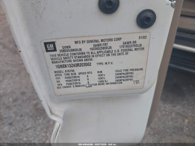 45044368 :رقم المزاد ، 1GNEK13Z43R203562 vin ، 2003 Chevrolet Tahoe Lt مزاد بيع