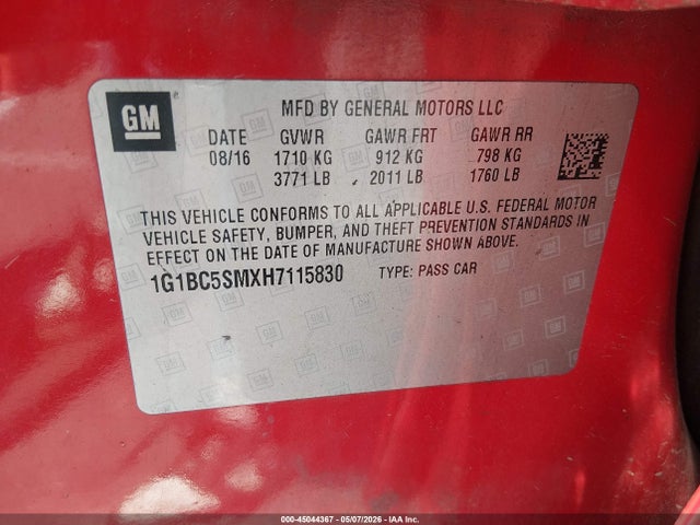 Aukcja sprzedaży 2017 Chevrolet Cruze Ls Auto, vin: 1G1BC5SMXH7115830, numer aukcji: 45044367