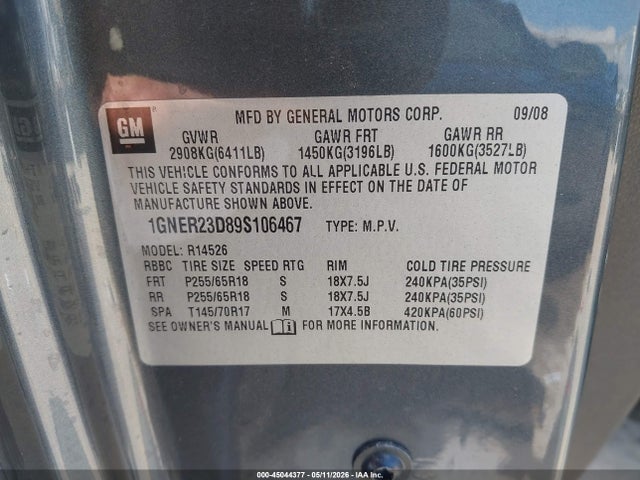 Aukcja sprzedaży 2009 Chevrolet Traverse Lt, vin: 1GNER23D89S106467, numer aukcji: 45044377
