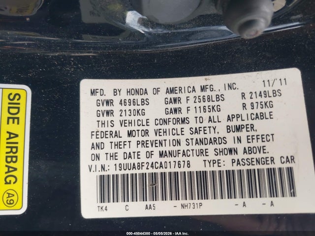 Aukcja sprzedaży 2012 Acura Tl 3.5, vin: 19UUA8F24CA017678, numer aukcji: 45044380