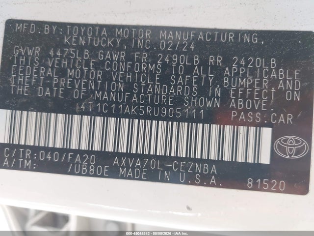 Aukcja sprzedaży 2024 Toyota Camry Le, vin: 4T1C11AK5RU905111, numer aukcji: 45044382