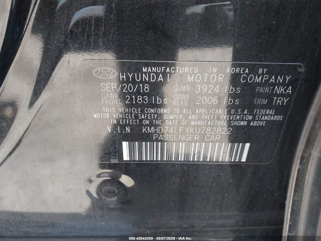 45044389 :رقم المزاد ، KMHD74LFXKU782822 vin ، 2019 Hyundai Elantra Se مزاد بيع