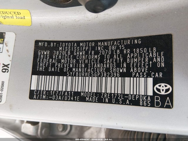 Продаж на аукціоні авто 2016 Toyota Corolla L, vin: 5YFBURHE5GP382396, номер лоту: 45044397
