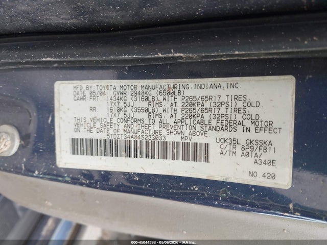 Aukcja sprzedaży 2004 Toyota Sequoia Sr5 V8, vin: 5TDZT34A84S233033, numer aukcji: 45044398