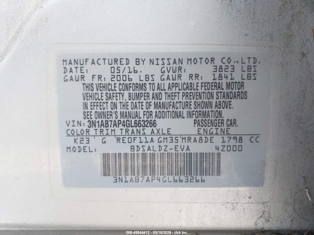 2016 Nissan Sentra Fe+ S/s/sl/sr/sv მანქანა იყიდება აუქციონზე, vin: 3N1AB7AP4GL663266, აუქციონის ნომერი: 45044412