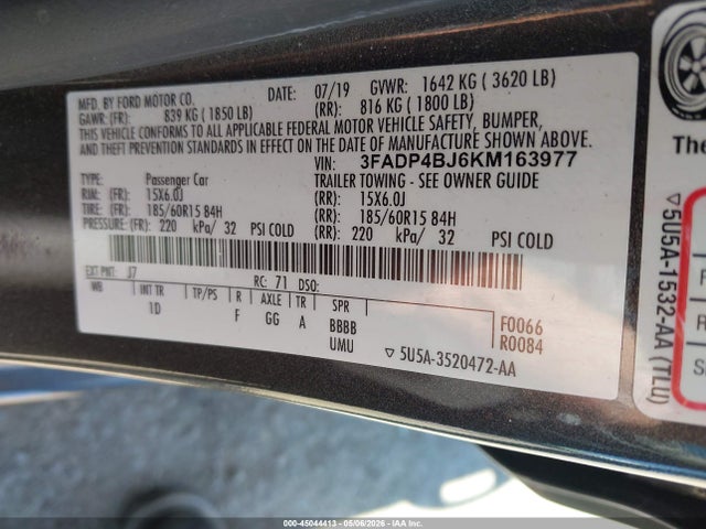 Продаж на аукціоні авто 2019 Ford Fiesta Se, vin: 3FADP4BJ6KM163977, номер лоту: 45044413