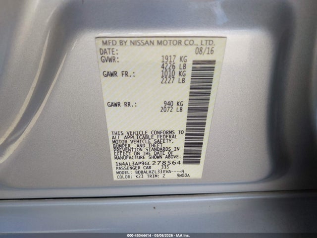 Продаж на аукціоні авто 2016 Nissan Altima 2.5 Sr, vin: 1N4AL3AP9GC278564, номер лоту: 45044414
