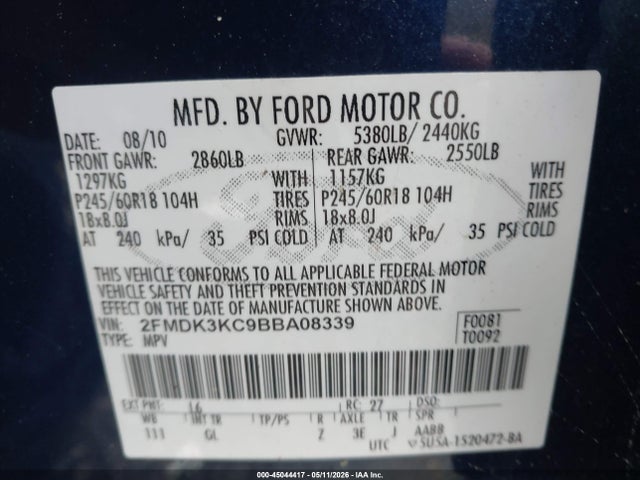 Продаж на аукціоні авто 2011 Ford Edge Limited, vin: 2FMDK3KC9BBA08339, номер лоту: 45044417