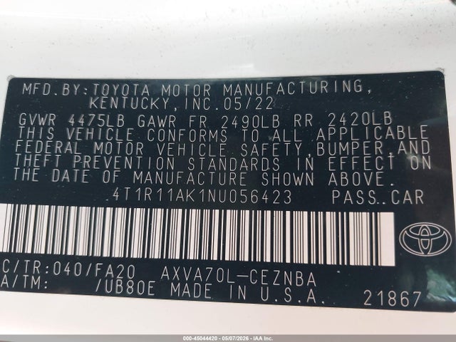 4T1R11AK1NU056423 Toyota CAMRY LE
