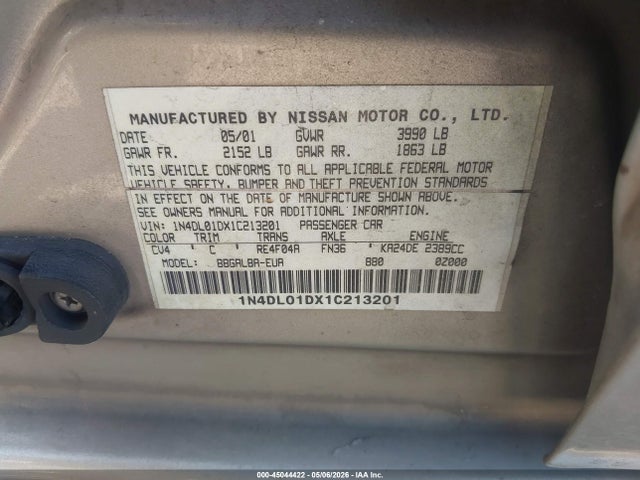 2001 Nissan Altima Gxe მანქანა იყიდება აუქციონზე, vin: 1N4DL01DX1C213201, აუქციონის ნომერი: 45044422