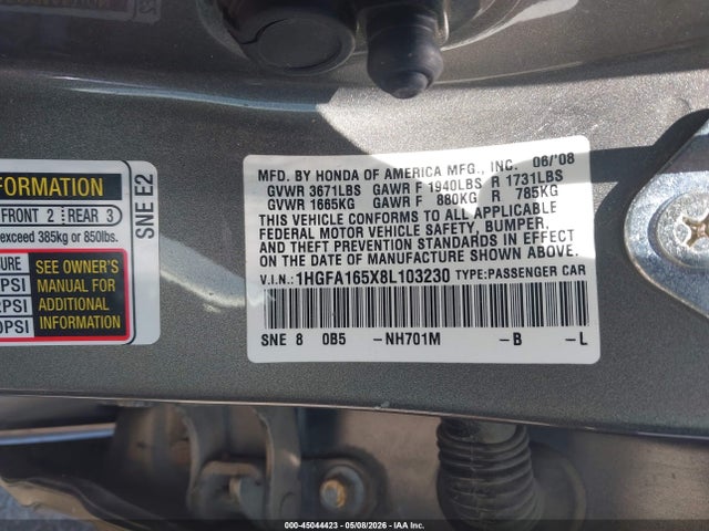 Продаж на аукціоні авто 2008 Honda Civic Lx, vin: 1HGFA165X8L103230, номер лоту: 45044423