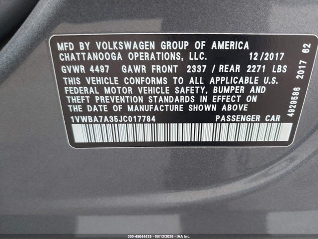 45044426 :رقم المزاد ، 1VWBA7A35JC017784 vin ، 2018 Volkswagen Passat 2.0t Se مزاد بيع