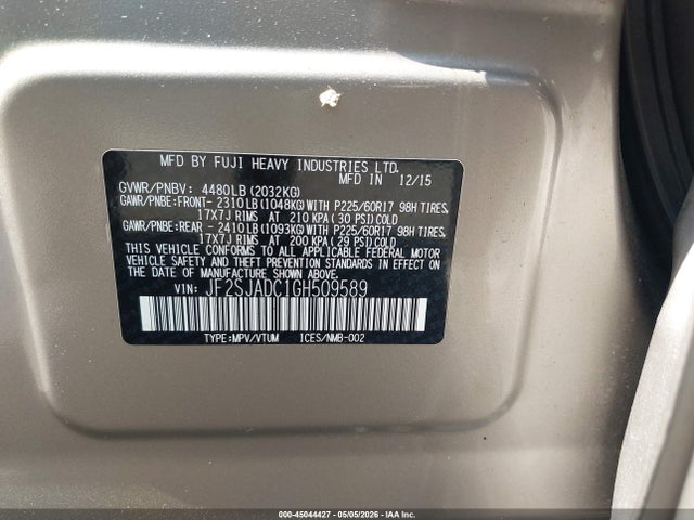 2016 Subaru Forester 2.5i Premium მანქანა იყიდება აუქციონზე, vin: JF2SJADC1GH509589, აუქციონის ნომერი: 45044427