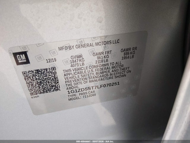 45044441 :رقم المزاد ، 1G1ZD5ST7LF070251 vin ، 2020 Chevrolet Malibu Fwd Lt مزاد بيع
