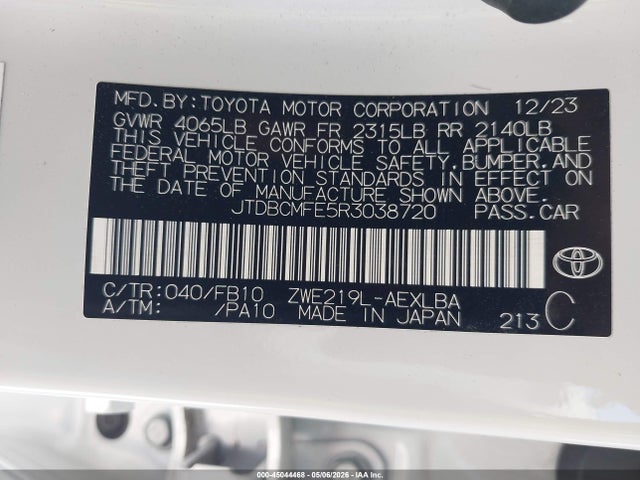 45044468 :رقم المزاد ، JTDBCMFE5R3038720 vin ، 2024 Toyota Corolla Hybrid Le مزاد بيع