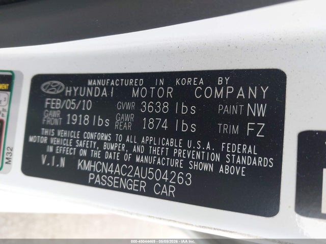 2010 Hyundai Accent Gls მანქანა იყიდება აუქციონზე, vin: KMHCN4AC2AU504263, აუქციონის ნომერი: 45044469