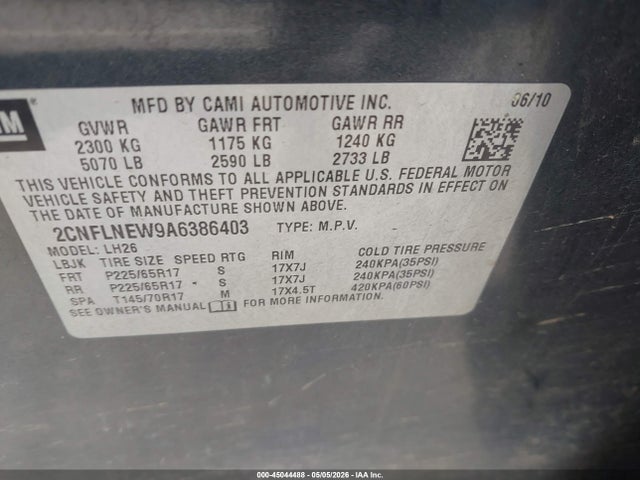2010 Chevrolet Equinox Lt მანქანა იყიდება აუქციონზე, vin: 2CNFLNEW9A6386403, აუქციონის ნომერი: 45044488