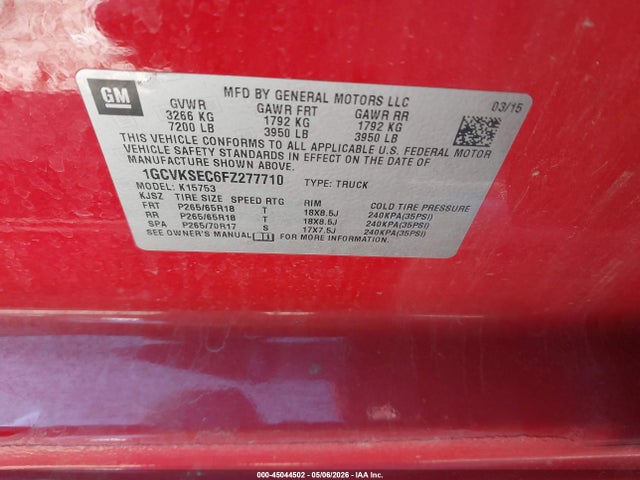 Продажа на аукционе авто 2015 Chevrolet Silverado 1500 1lz, vin: 1GCVKSEC6FZ277710, номер лота: 45044502