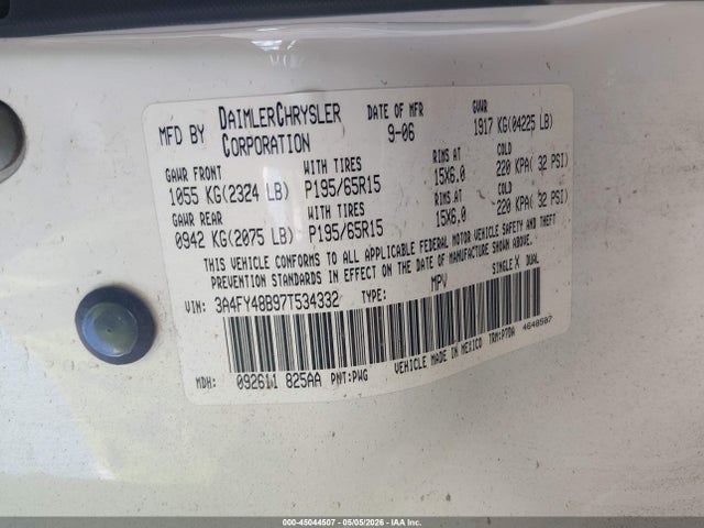 2007 Chrysler Pt Cruiser მანქანა იყიდება აუქციონზე, vin: 3A4FY48B97T534332, აუქციონის ნომერი: 45044507