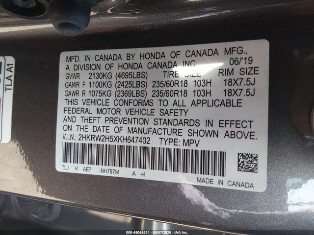 45044511 :رقم المزاد ، 2HKRW2H5XKH647402 vin ، 2019 Honda Cr-v Ex مزاد بيع
