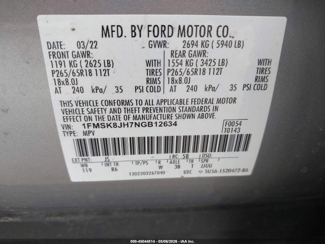 Aukcja sprzedaży 2022 Ford Explorer Timberline, vin: 1FMSK8JH7NGB12634, numer aukcji: 45044514