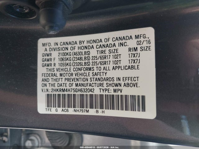 2HKRM4H75GH632042 Honda Cr-v Ex-l