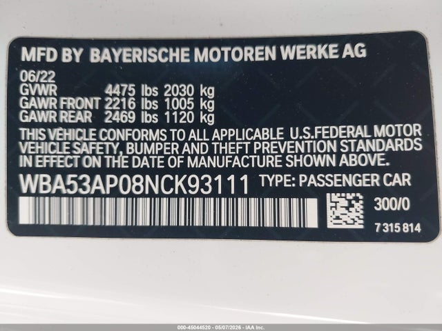 Продажа на аукционе авто 2022 Bmw 430i, vin: WBA53AP08NCK93111, номер лота: 45044520