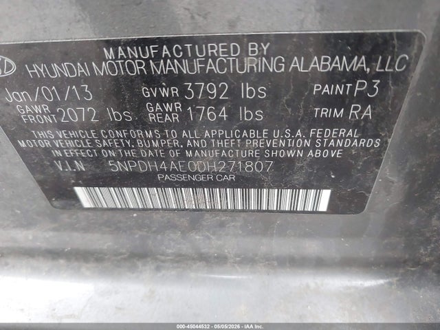 Продаж на аукціоні авто 2013 Hyundai Elantra Gls, vin: 5NPDH4AE0DH271807, номер лоту: 45044532