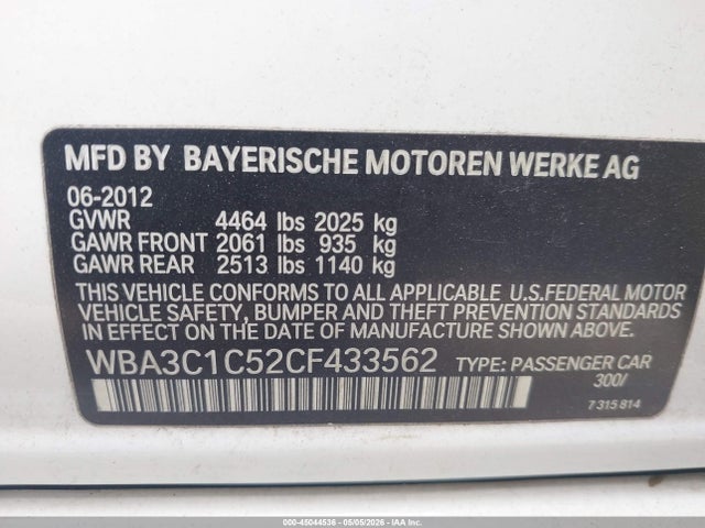 45044536 :رقم المزاد ، WBA3C1C52CF433562 vin ، 2012 Bmw 328i مزاد بيع