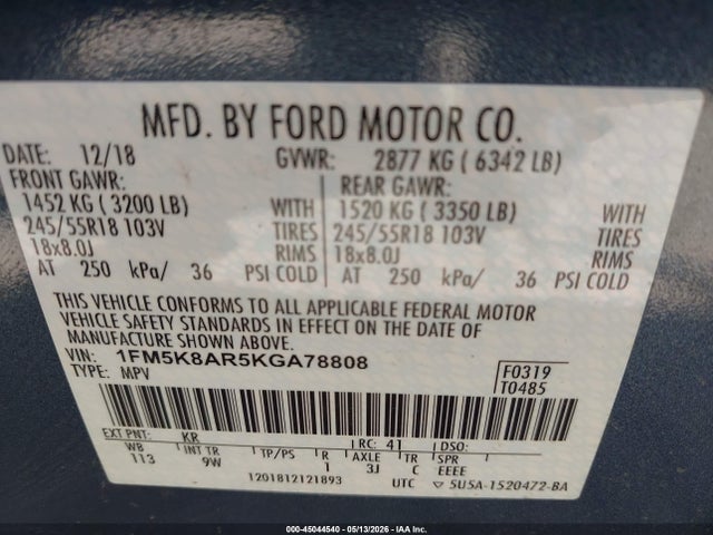 Продажа на аукционе авто 2019 Ford Police Interceptor Utility, vin: 1FM5K8AR5KGA78808, номер лота: 45044540